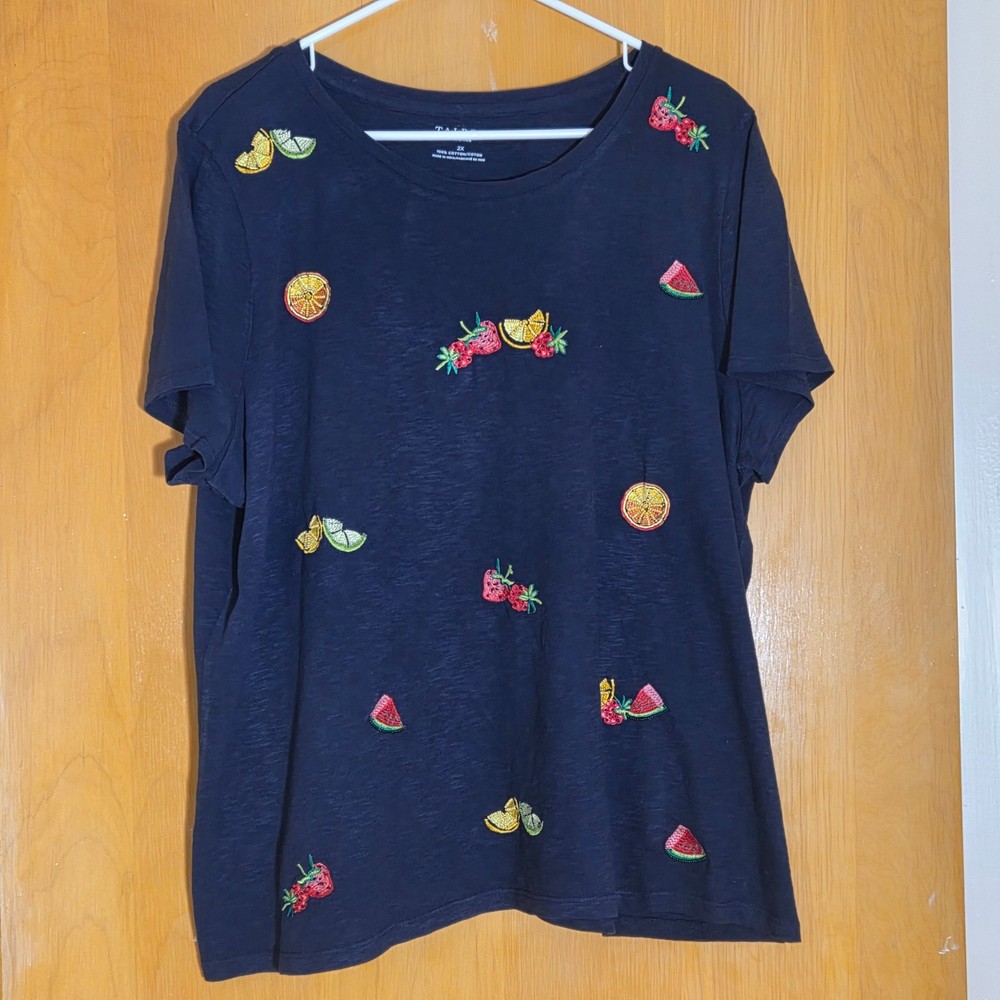 Talbots Embroidered Beaded Cotton Top Womens 2X Fruits Navy Blue Short Sleeve