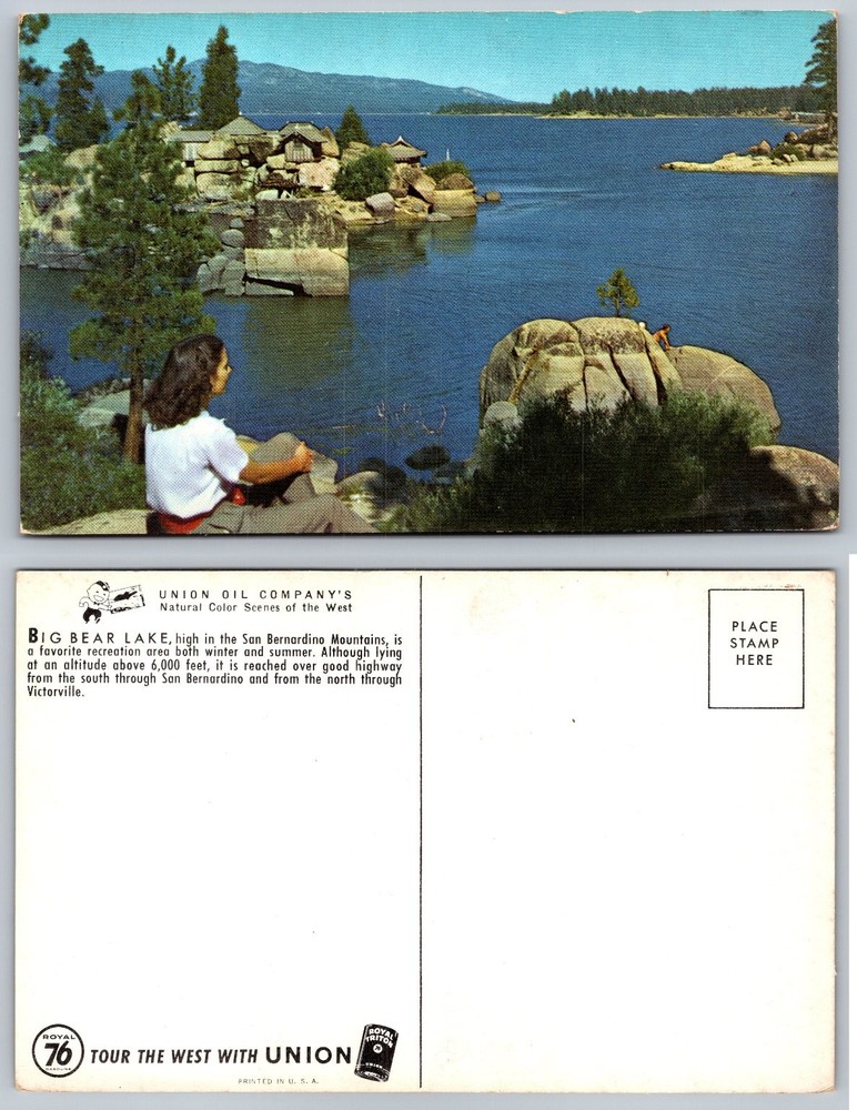 Big Bear Lake CA Postcard Union Oil 76 Natural Color San Bernardino Mountains