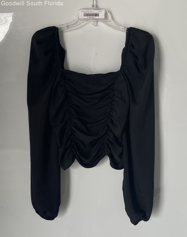 Express Womens Black Puff Sleeve Square Neck Smocked Back Cropped Top Size M