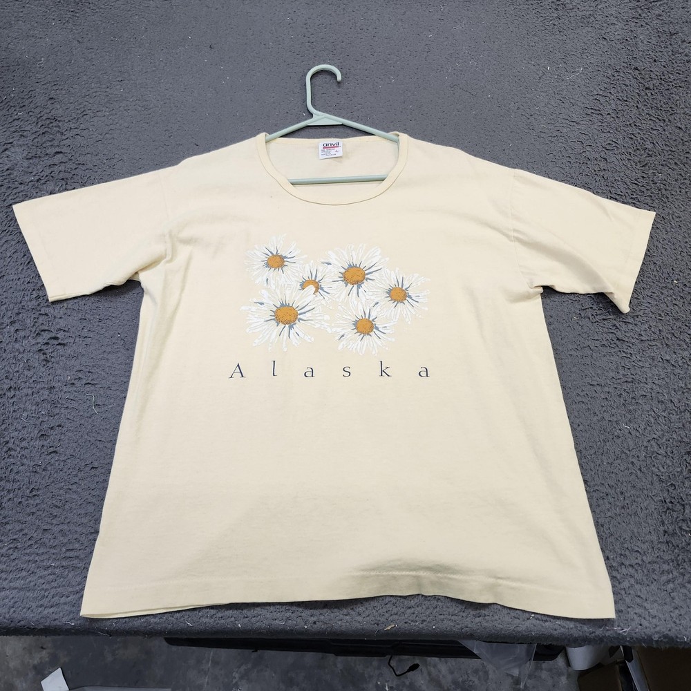 Anvil Shirt Mens Large Yellow Alaska Daisy Flowers Graphic Tee Made USA Souvenir