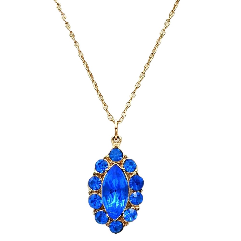 Vtg Gold Tone Blue Rhinestone Marquise Pendant Necklace 17