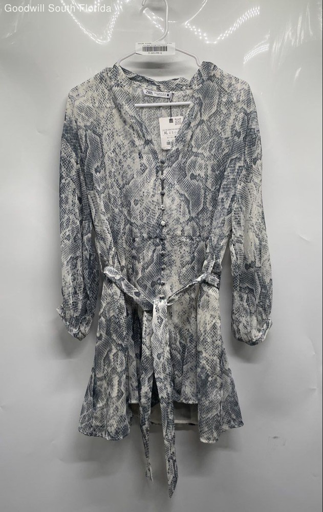 Zara Womens Gray White Snakeskin Print Button Front Mini Dress Size XL With Tag