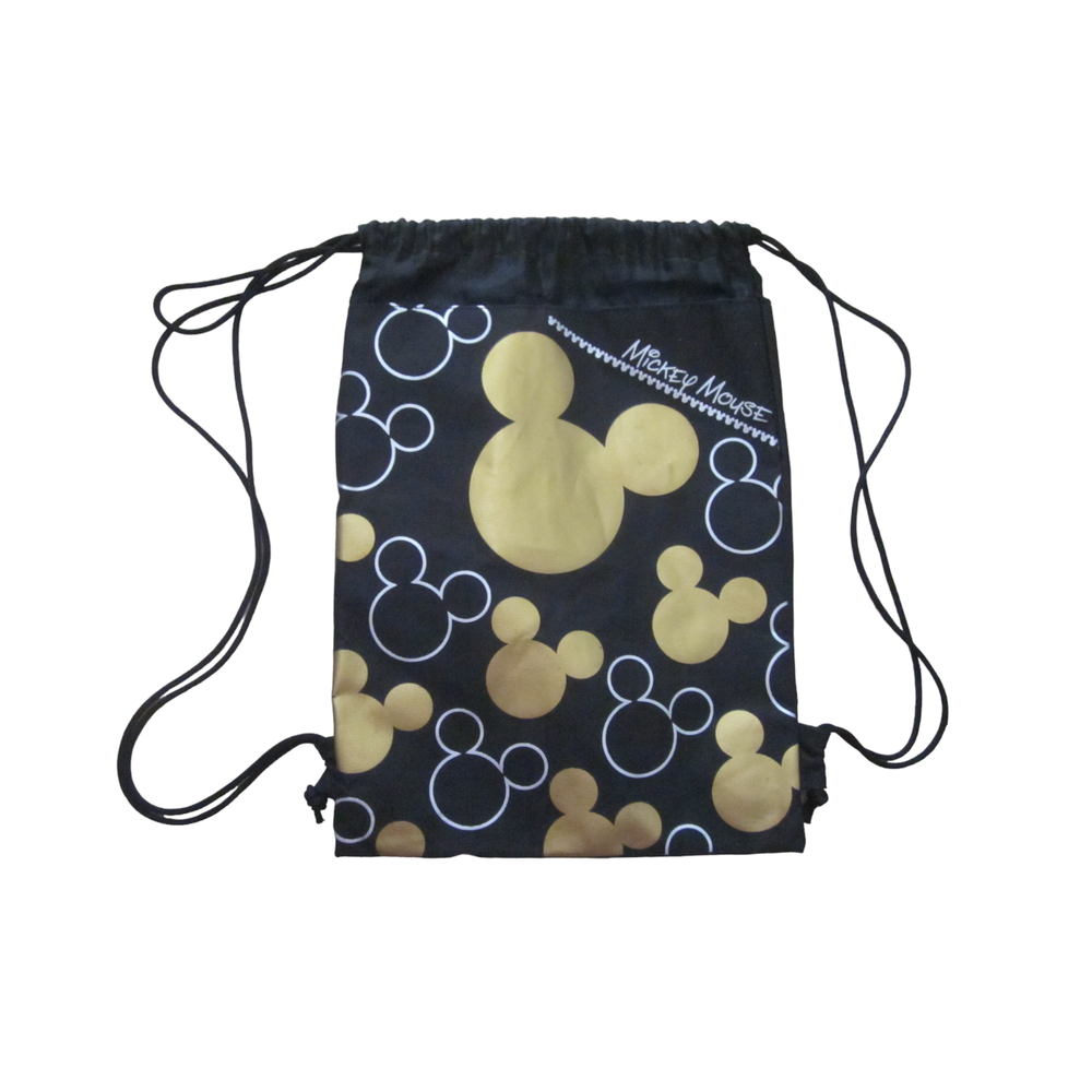 NEW DISNEY Black w/ Gold MICKEY MOUSE EARS Print String Backpack