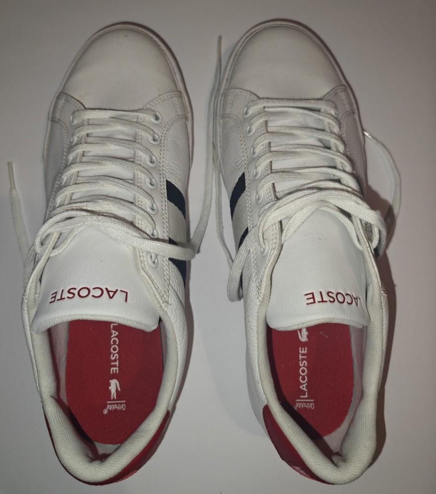 Lacoste Men's White Sneakers with Navy Stripes (Size 9.5 US)