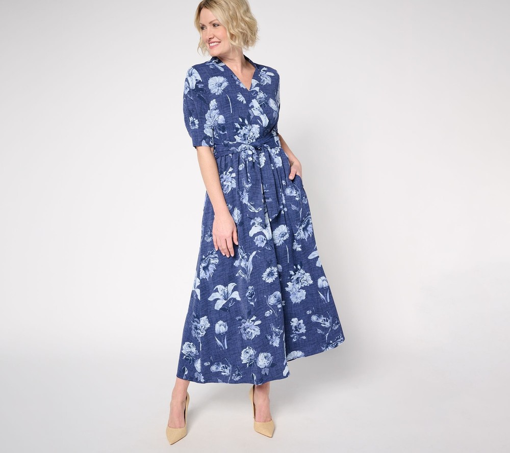 Maya J Women's Dress Sz M Printed Faux Wrap Midi Blue A682087