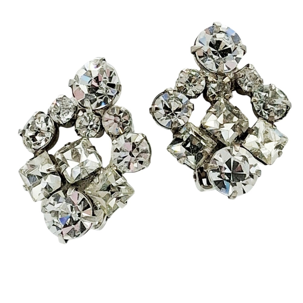 Vtg 1950s Silver Tone Prong Set Clear Rhinestone Cluster Earrings 1.25