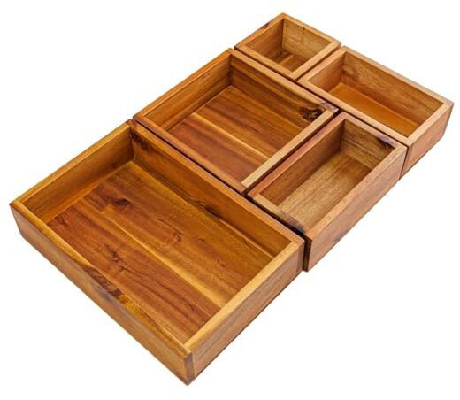 Acacia Drawer Organizer Set of 5, Cabinet Container Box, Wood Natural Brown-image