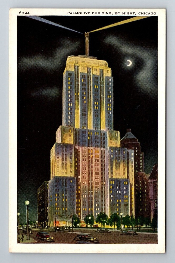 Chicago IL-Illinois, Palmolive Building By Night, Beacon Vintage Postcard