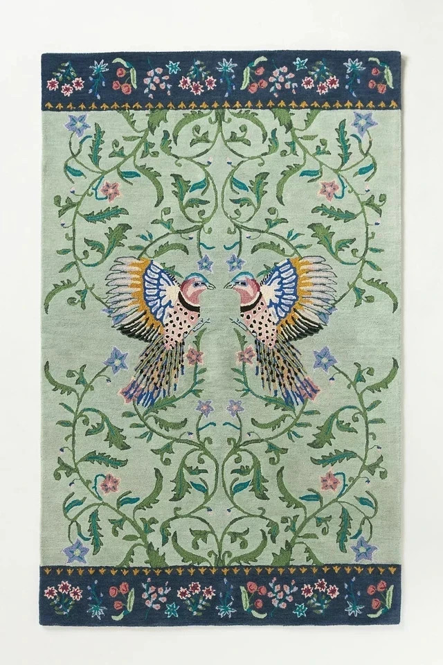 Handmade Wool Tufted Rug Aria Design Green Bird Floral Pattern Decor