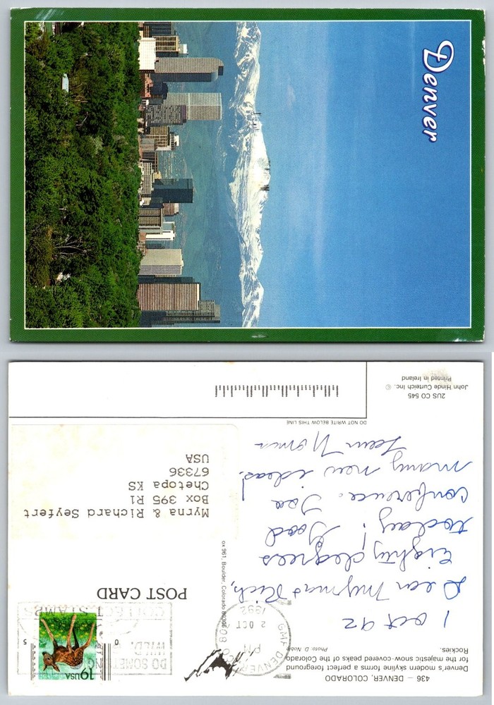 Denver Colorado Skyline Rocky Mountains Vintage Postcard 1992 John Hinde