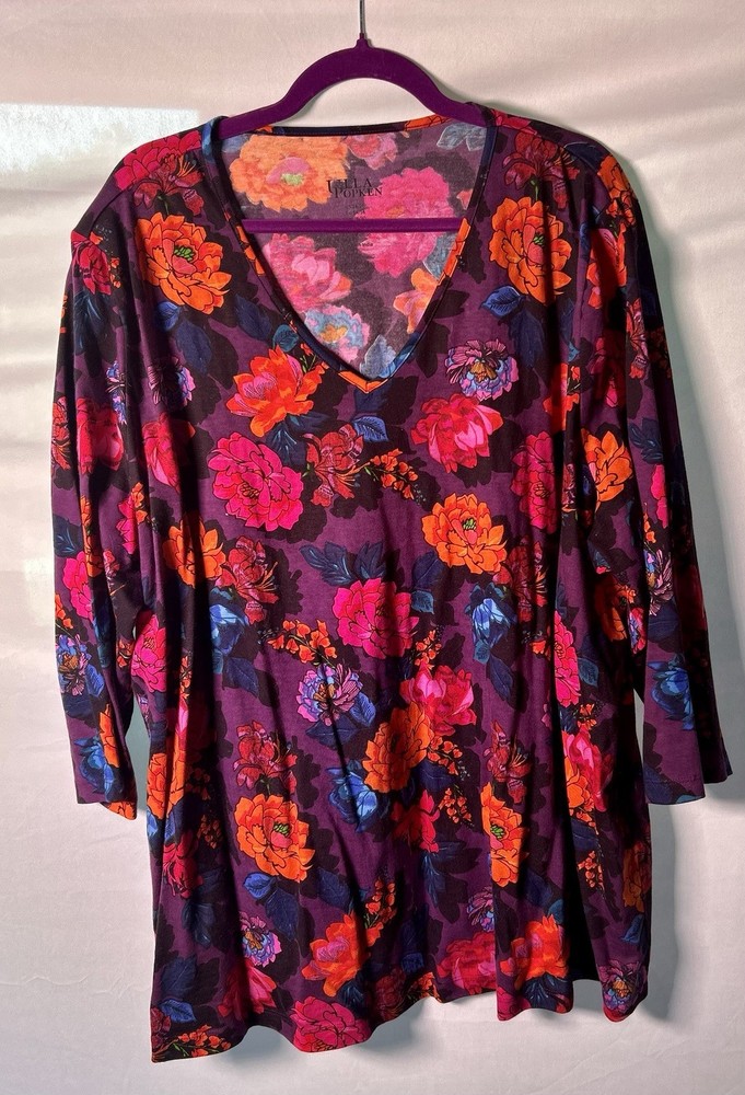 Ulla Popken V Neck Cotton Top Plus Size 24/26 Purple Floral
