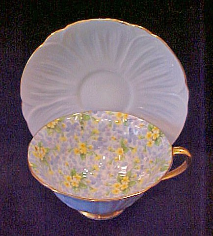 Shelley China Powder Blue Oleander Shape Primrose Chintz Cup & Saucer