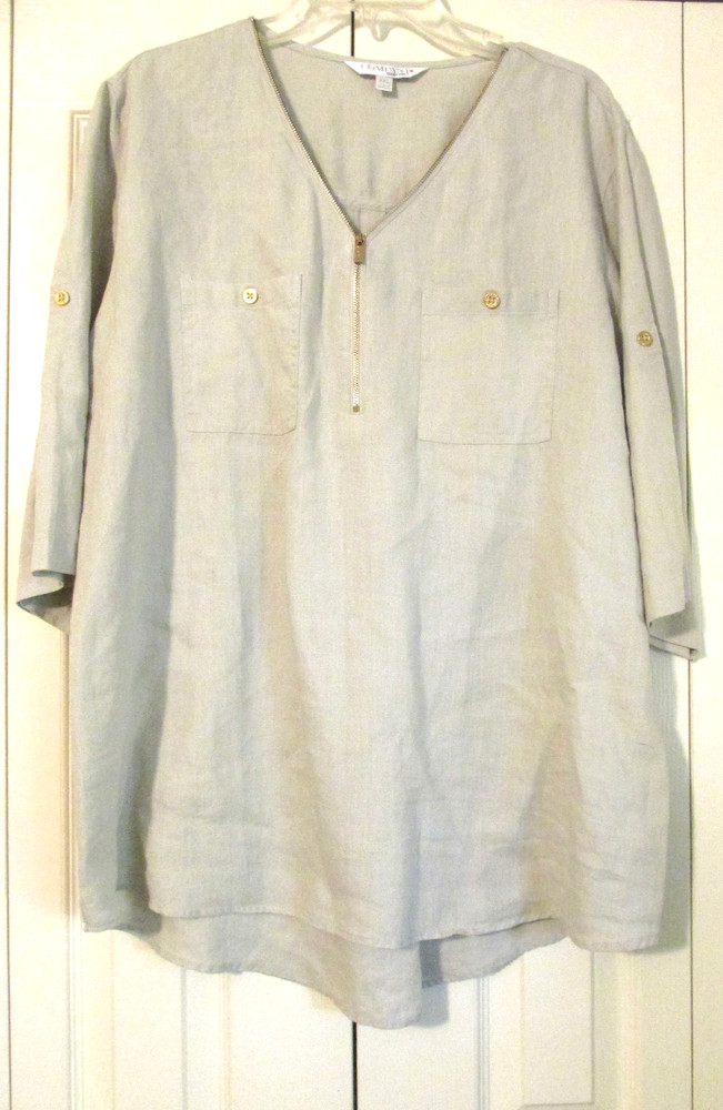 Company Ellen Tracy Linen Top XXL BeigeV-Neck  Zip Tab Sleeves Coastal Resort