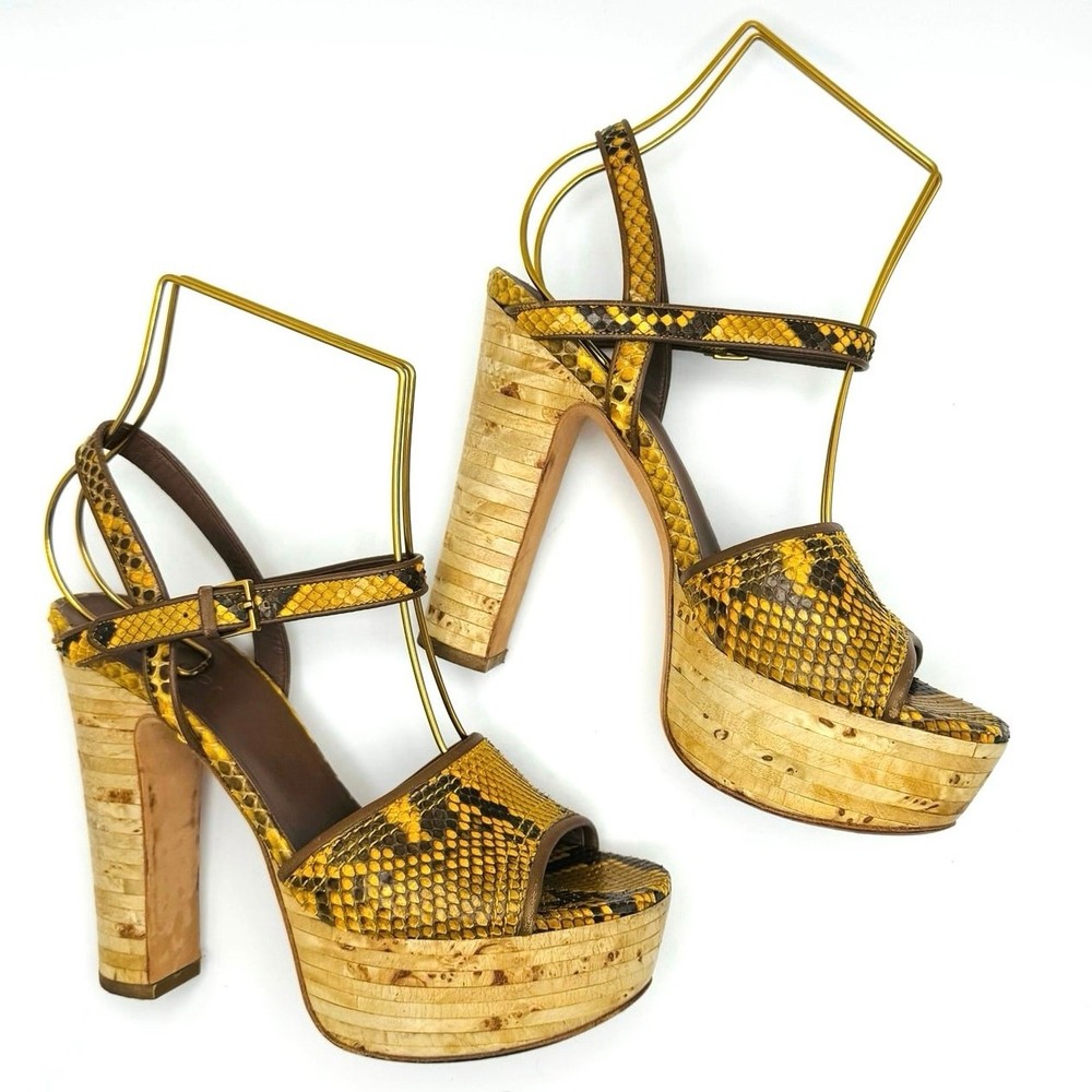 Gucci mustard snakeskin print platform slingback sandals size 36.5