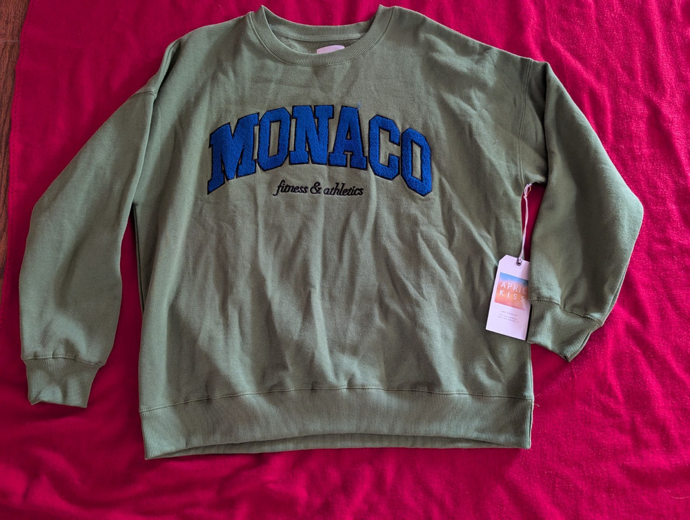 NEW Monaco Letterman Style Womens XL Green Sweatshirt Crewneck by April Kiss