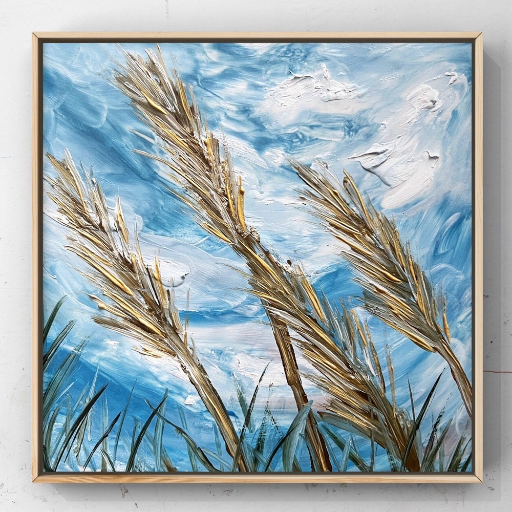 Original Signed Oil Painting of Wheat Stalks and Blue Sky 6” Artwork