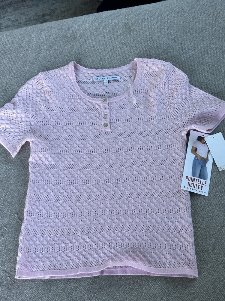 Celebrity Pink Women’s Pointelle Knit Henley Short Sleeve Scoop Neck Sweater M