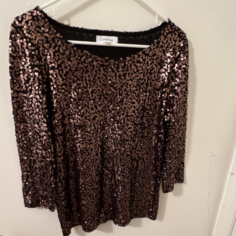 Calvin Klein Brown Black Sequin 3/4 Sleeve Blouse Boat Neck Size M