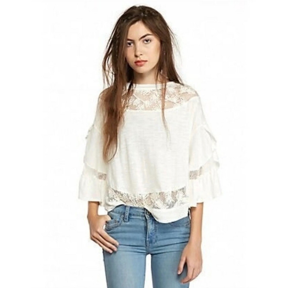 Free People Love Affair Ivory Lace Ruffle Sleeve Knit Top Size M Boho Fairycore