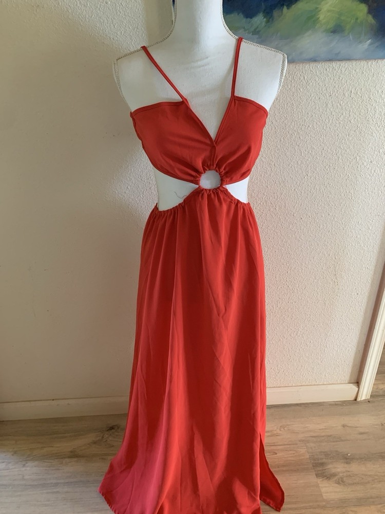 Coral Red Cut Out Ring Front Maxi Dress