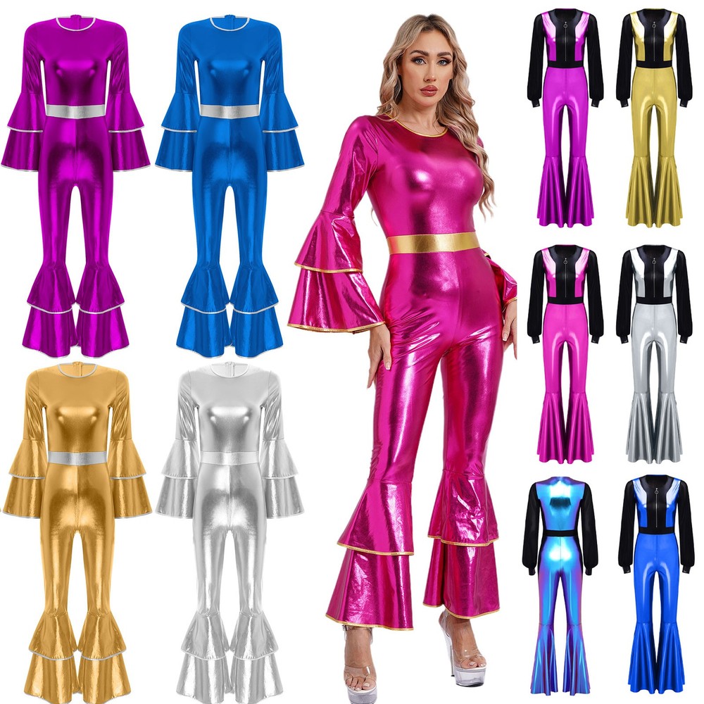 Womens 70s 80s Disco Metallic Shiny Jumpsuit Bell Bottom Party Dress Up Costumes