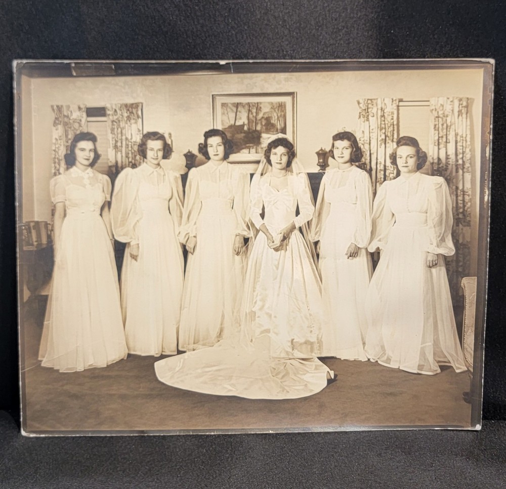 Vtg 1950s Bride Bridesmaids Wedding Photo 8x10 Original Sepia White Dress
