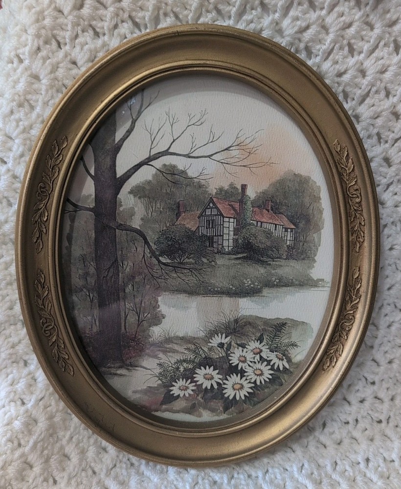 Vtg Homco Home Interiors Oval Cottage On Stream White Daisies 11 1/2