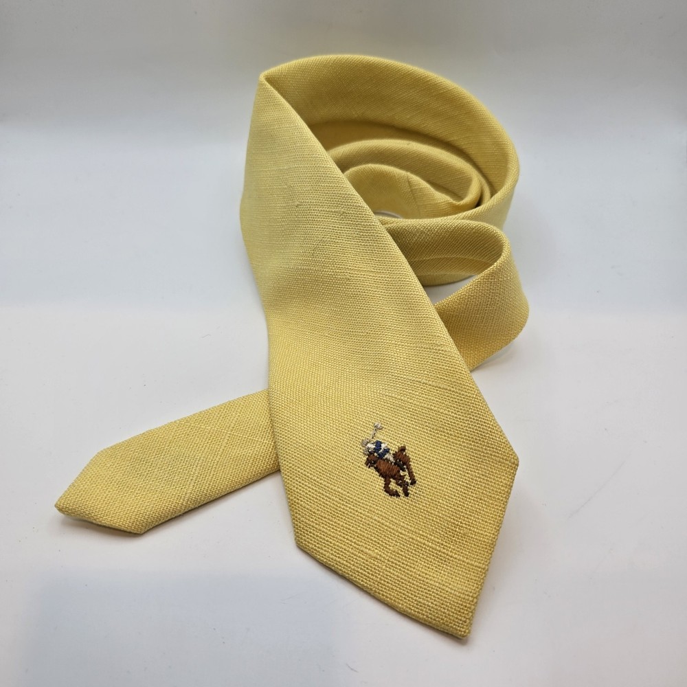 Vintage Polo Ralph Lauren Yellow 100% Linen Tie Embroidered Logo Handmade Preppy