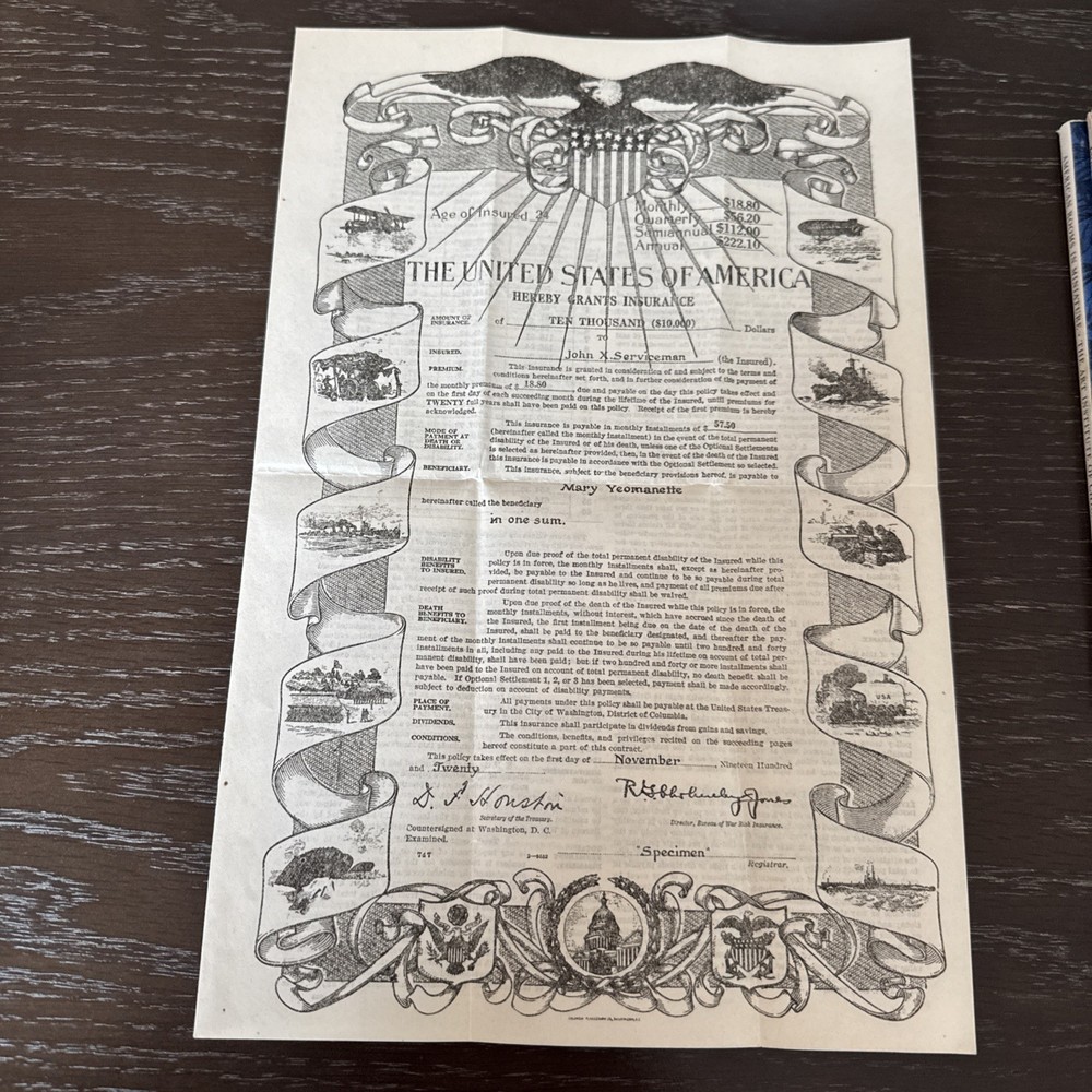 vintage United States Government Life Insurance Policy document 1920