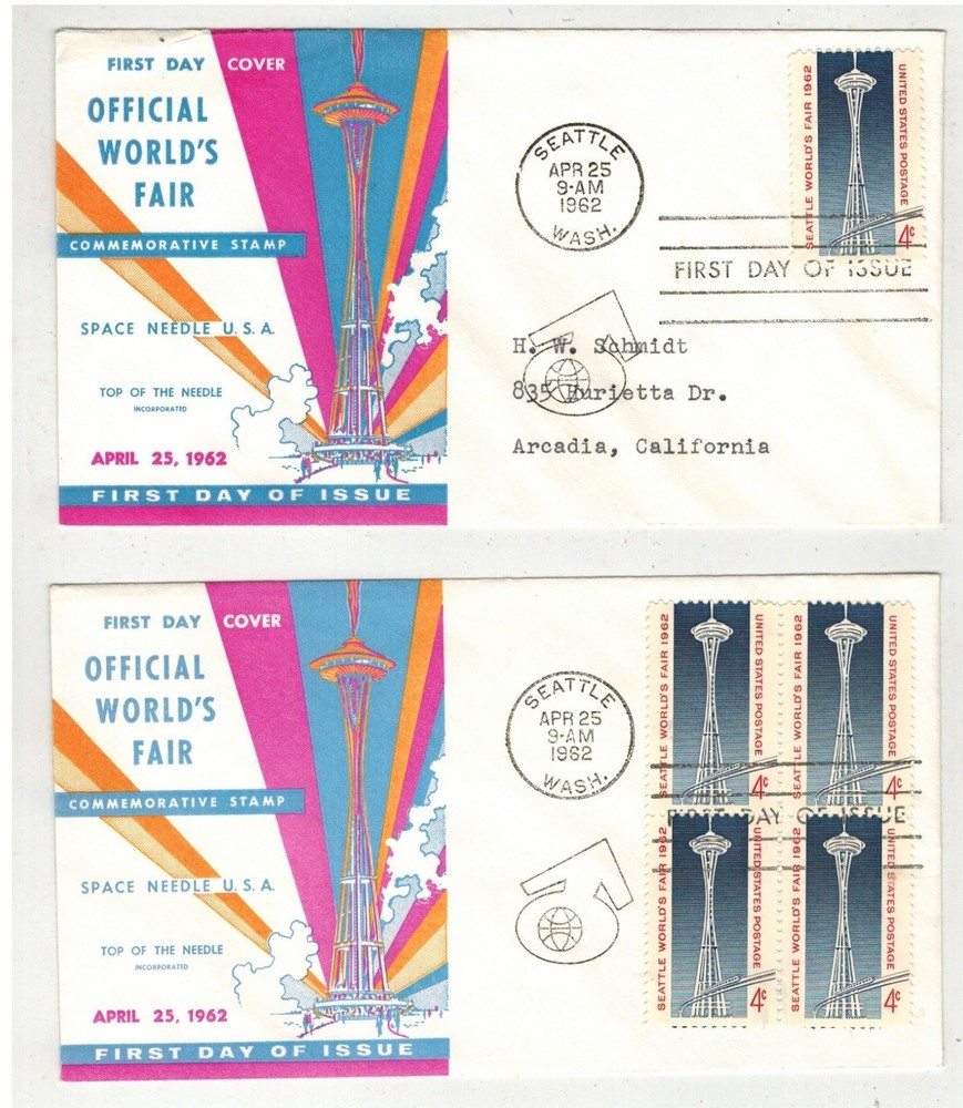 1962 Seattle World's Fair FDC Set of 2 First Space Needle Cachets 1196-49