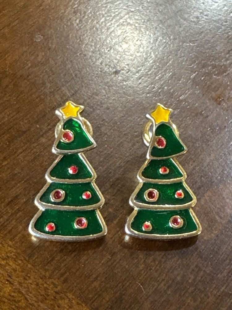 Vintage Christmas Tree Earrings Pierced Green Enamel and Red Accent Gold Tone-image