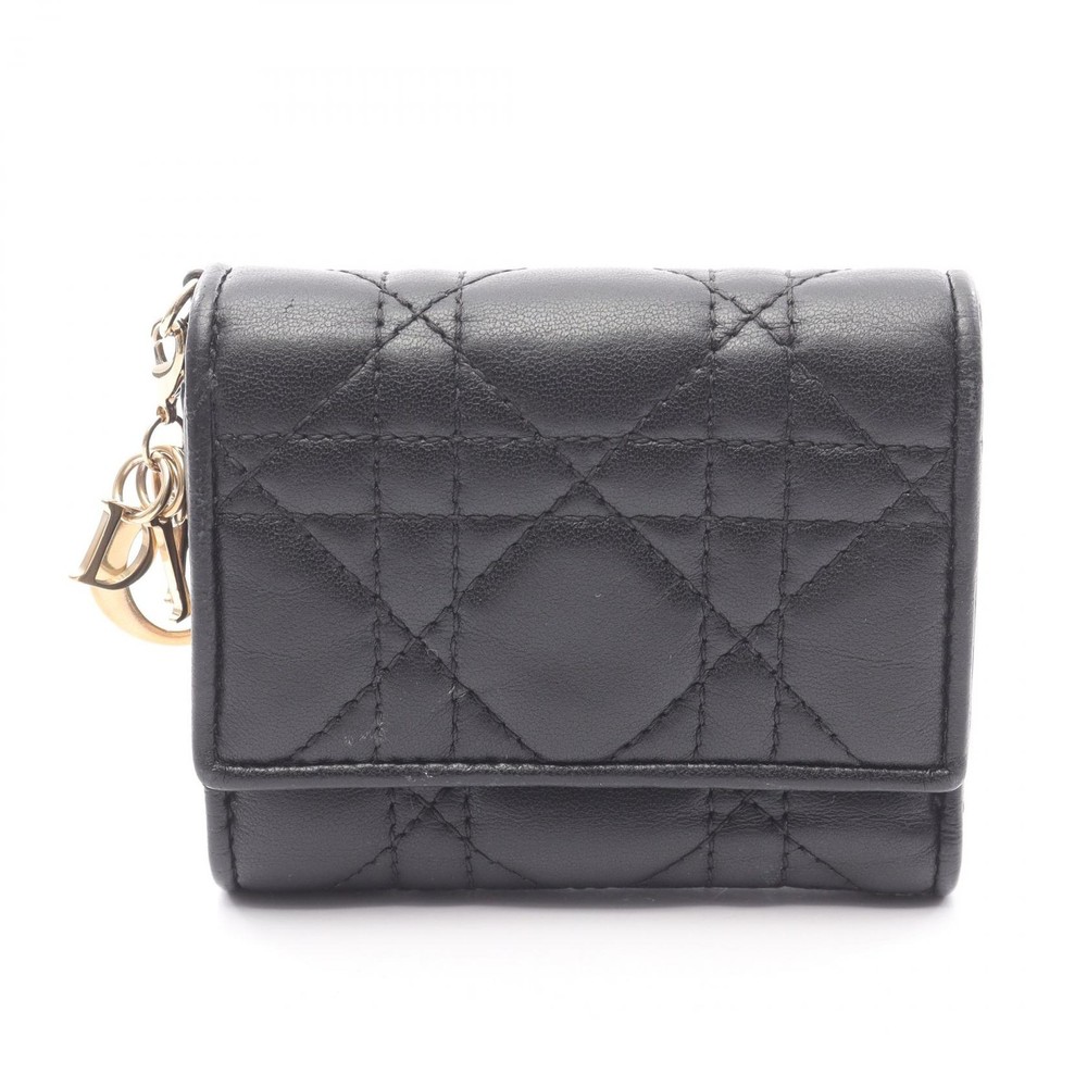 Dior Lady Dior Lotus Tri-Fold Leather Wallet Black Pre-Owned Women