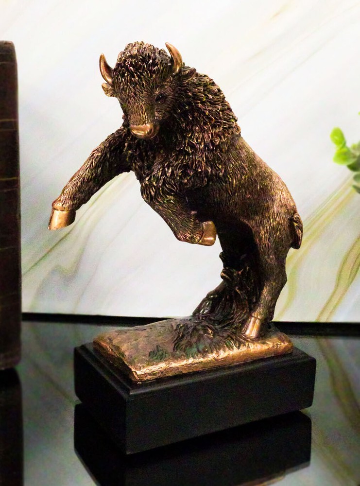 Rustic Southwestern Prancing American Bison Buffalo Bull Figurine With Base