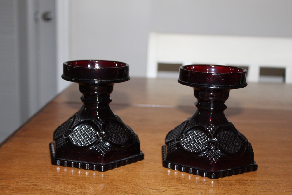 Two Vintage Avon Pillar Candle Holder/Hurricane Lamp Base 1876 Cape Cod Ruby Red
