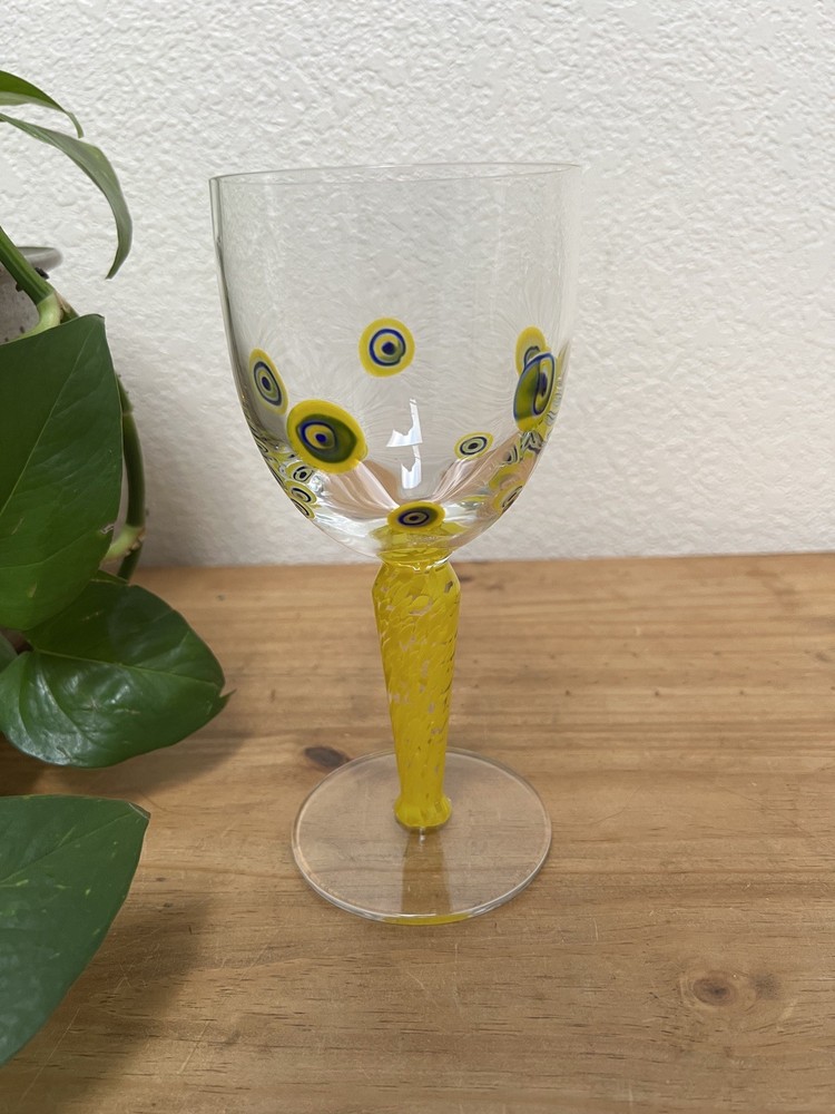 Millefiori Wine Glass Water Goblets Hand Blown Yellow Murano Art Glass