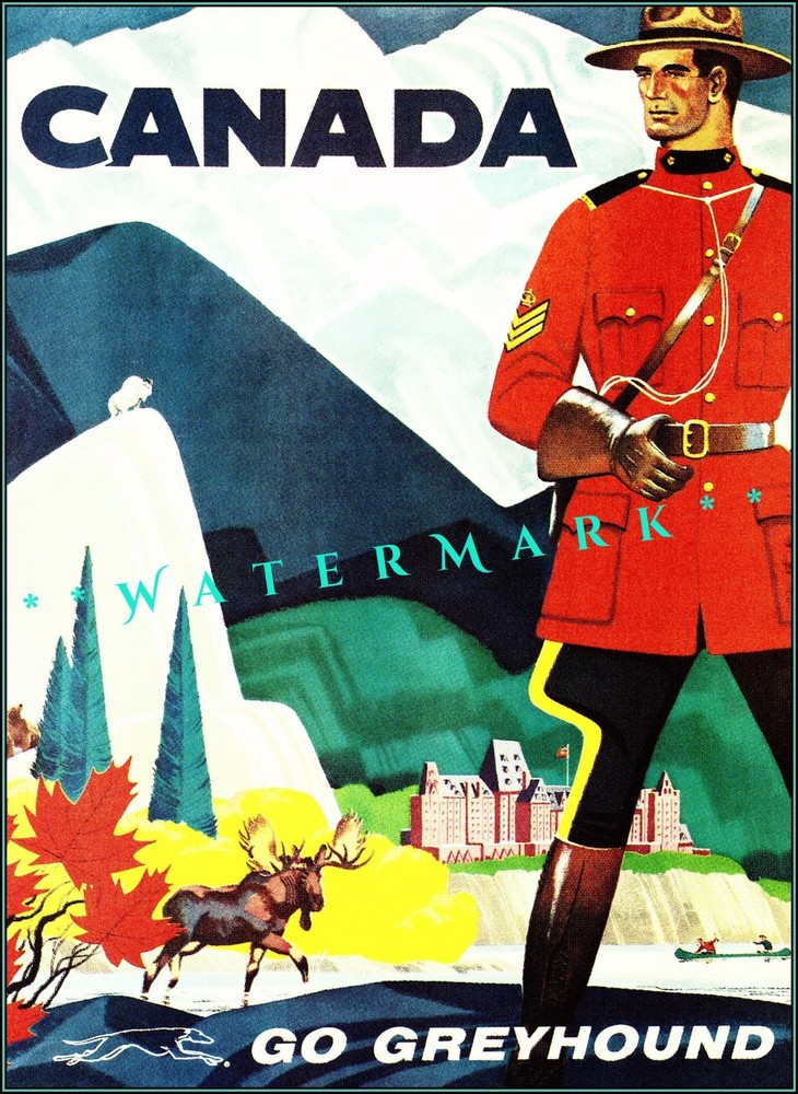 1960 Canadian Go Greyhound Vintage Travel Poster with Mountie Advert  