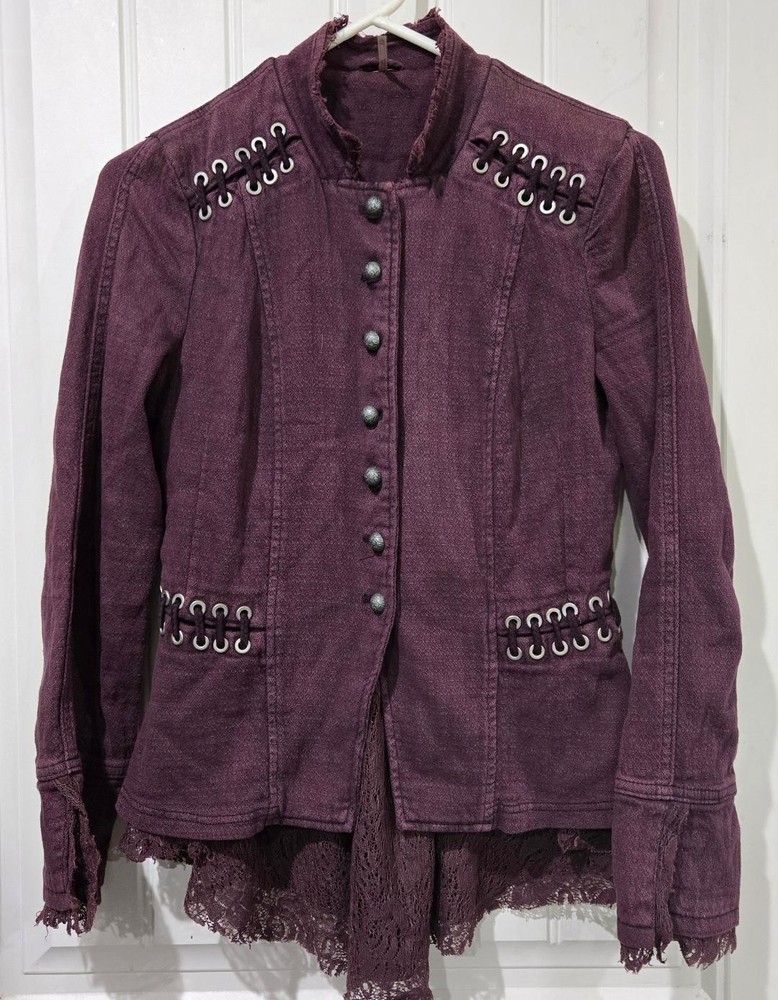 Free People Purple Plum Lace Up Victorian Fitted Jacket Size XS