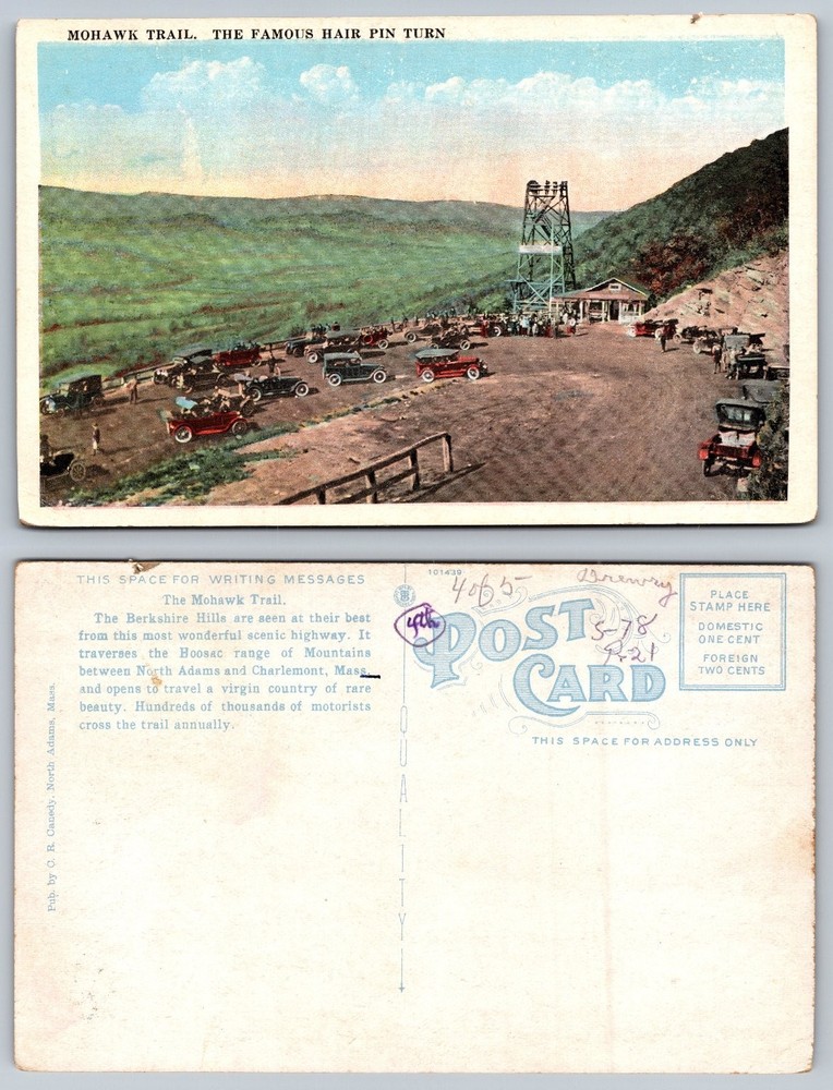 Mohawk Trail Hair Pin Turn MA Vintage Postcard North Adams 1920s Cars