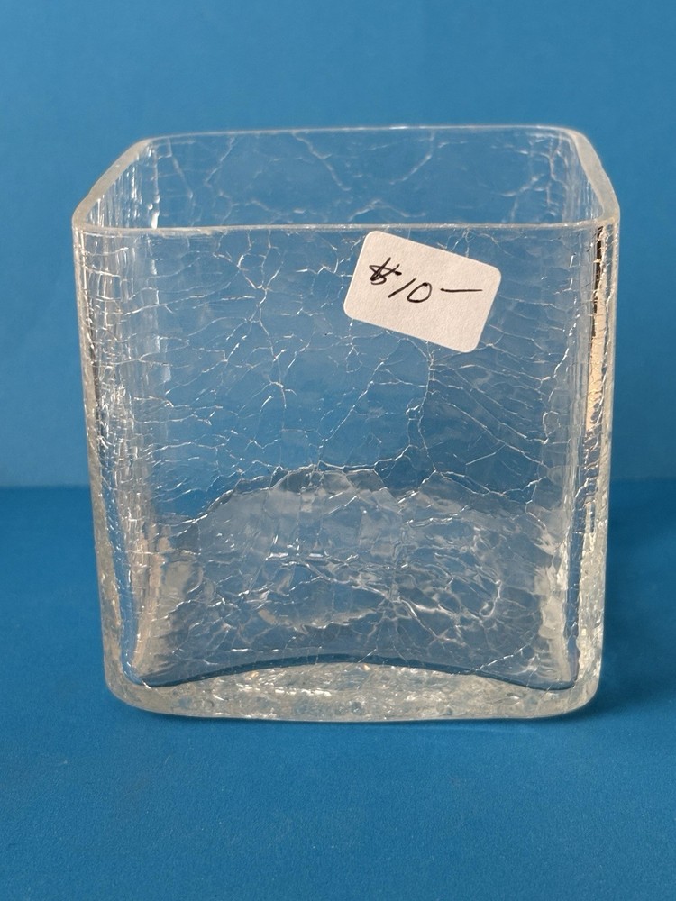Vintage Crackle Clear Glass Small 3” Vase Cube