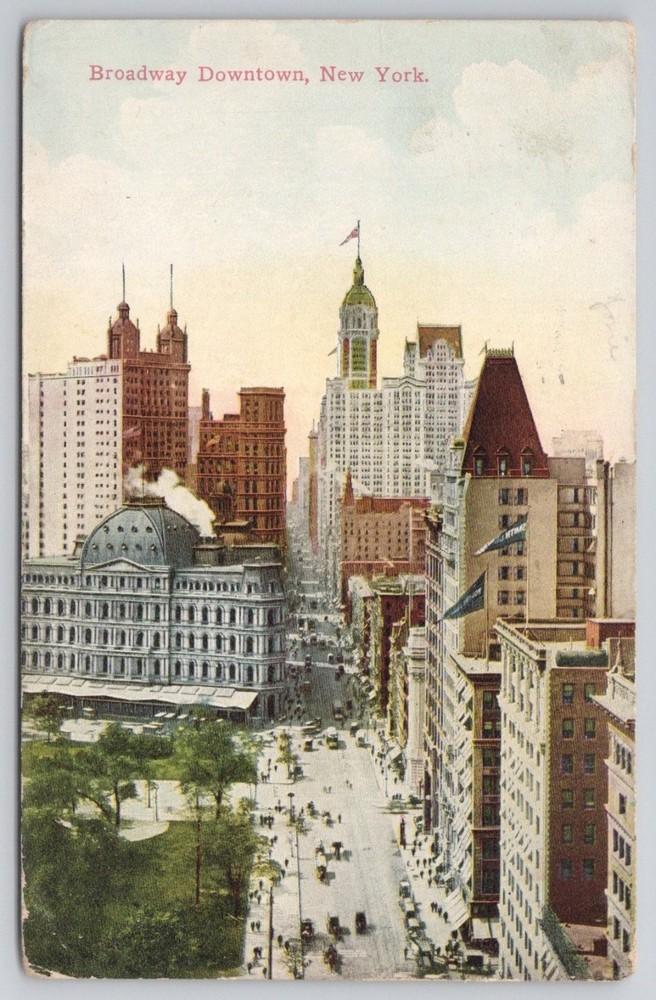1910 Broadway Downtown New York City Postcard Vintage Street Scene Posted