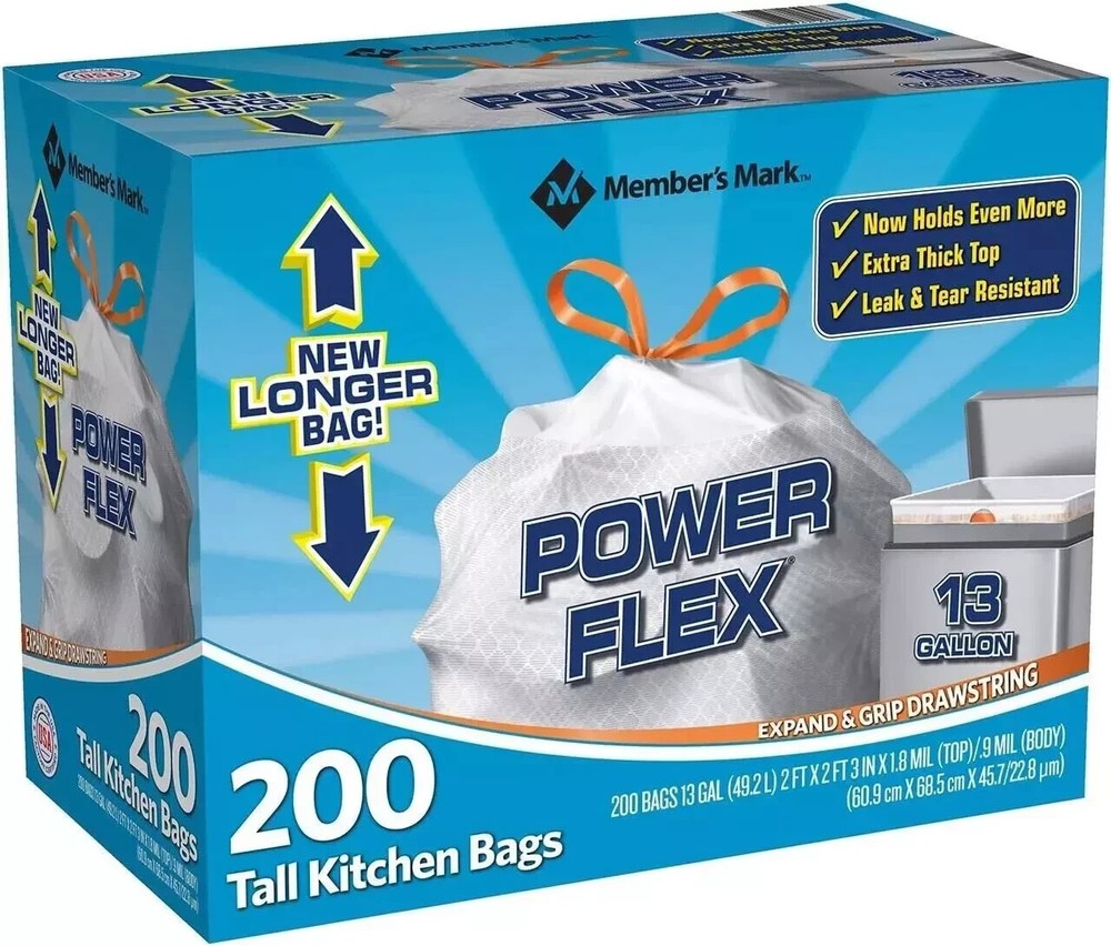 Member's Mark Tall Kitchen Simple Fit Drawstring 13 Gallon Bags 200Pcs