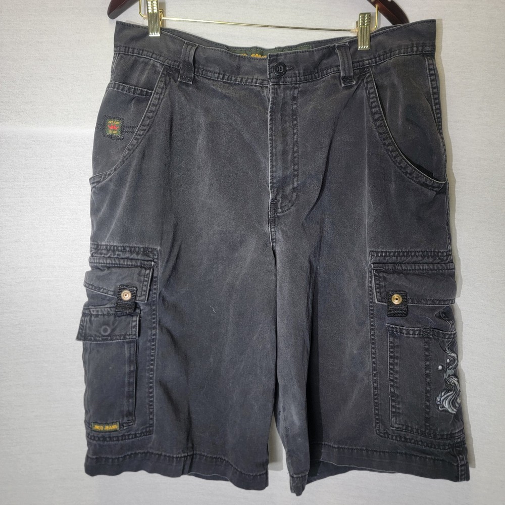 Mens Black Denim Shorts JNCO Baggy Shorts Embroidery Y2K Size 38 90s Vintage