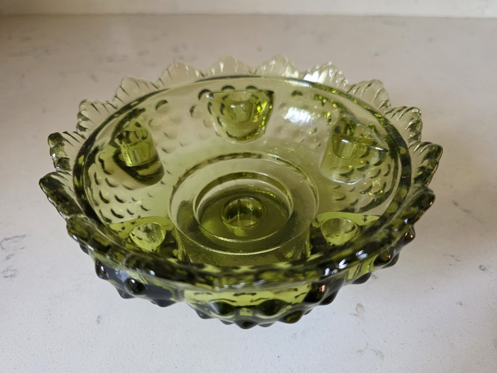 Vintage Fenton MCMColonial Green Glass Sawtooth Hobnail Pedestal 6 Candle Holder
