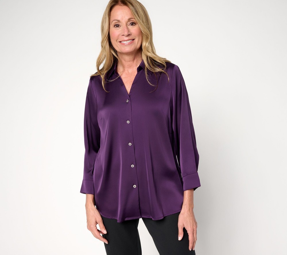Denim & Co. Women's Top Sz L Make Your Selection: Satin Button Purple A731737