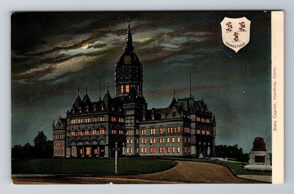 Hartford CT-Connecticut, State Capitol at Night, Antique Vintage Postcard