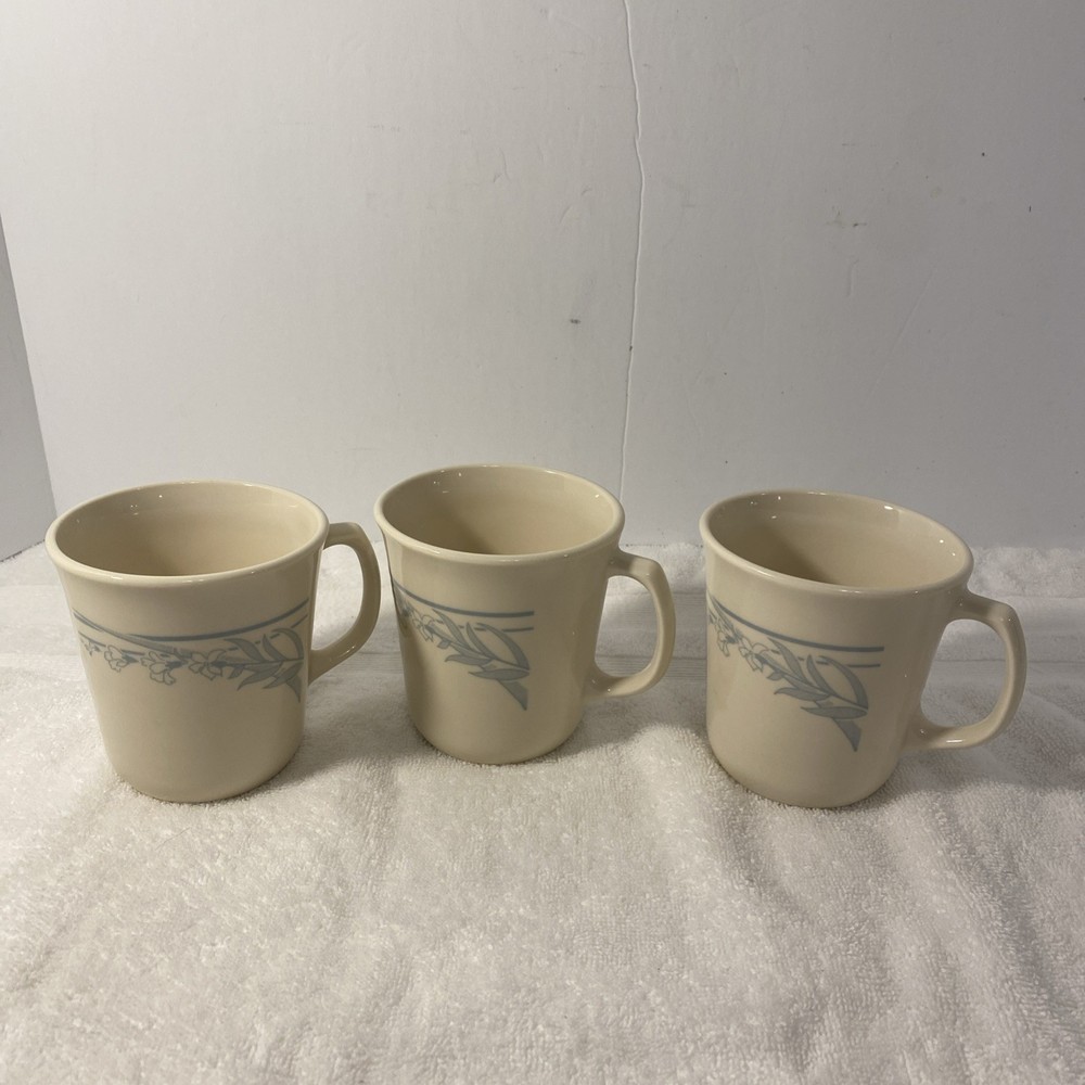 Set Of 3 Vintage Blue Lily Corning Ware Beige & Blue Floral Coffee Tea Cup Mug