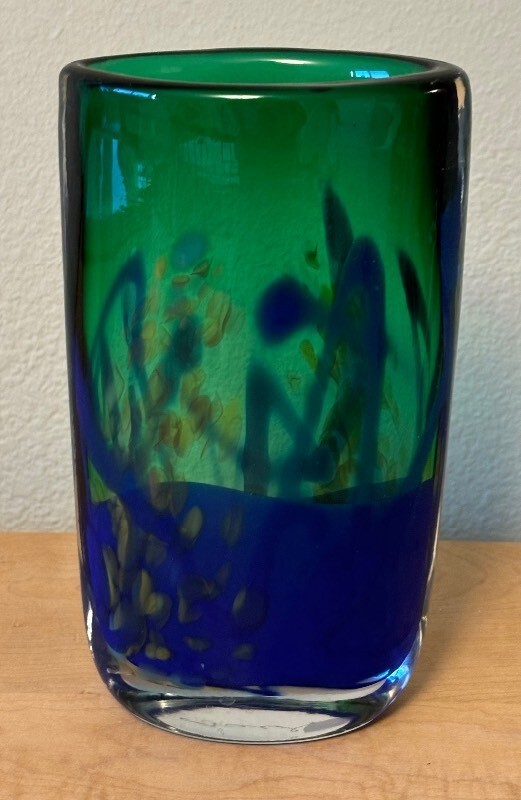Art Glass Vase Signed Handblown 8 Inch Green and Cobalt Blue Swirl Design