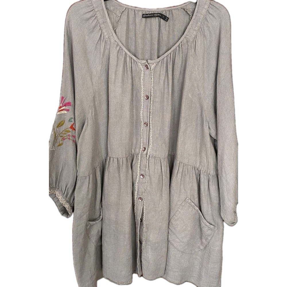 Gudrun Sjoden Girlang Tunic Womens L Gray Linen Floral Embroidered Lagenlook