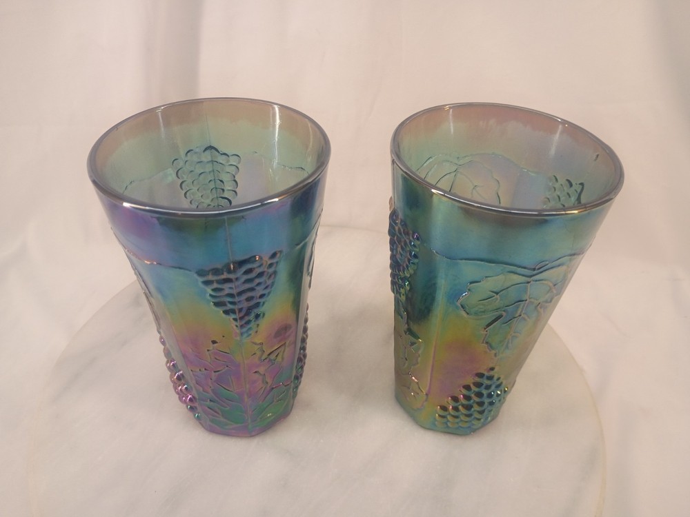 Vintage Indiana Carnival Glass Harvest Grape Blue Iridescent Tumblers Set Of 2
