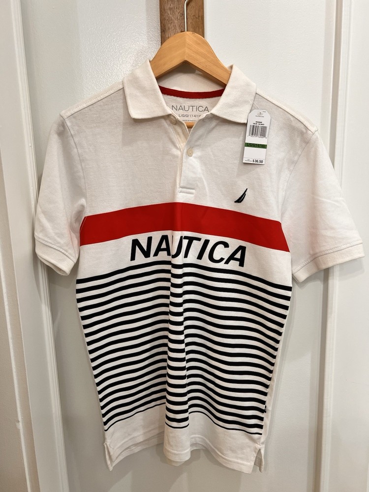 Nautica Boys Red White Blue Stripe Polo Collar Shirt L 14/16 Nwt